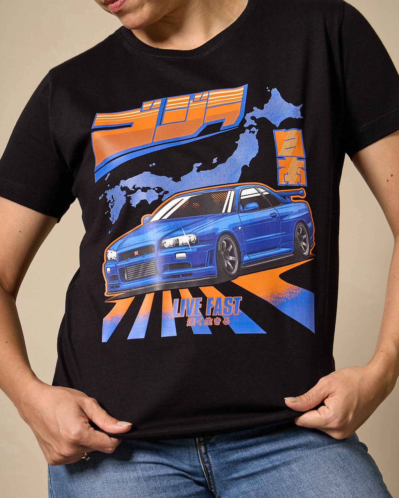 Camiseta Feminina Skyline GTR R34 Godzilla - Preta