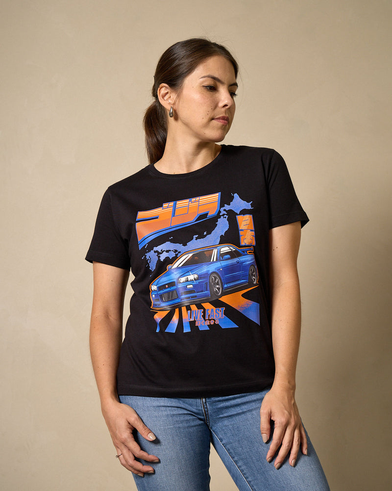 Camiseta Feminina Skyline GTR R34 Godzilla - Preta